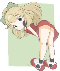Rule 34 | 1girl, absurdres, blonde hair, blue eyes, blush stickers, bow, commentary request, dress, full body, green background, green bow, hair bow, highres, leaning forward, long hair, looking at viewer, looking to the side, mega man (classic), mega man (series), ponytail, red dress, red footwear, roll (mega man), rururu (pyrk8855), shoes, short sleeves, solo, standing, two-tone background, white background