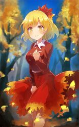Rule 34 | aki shizuha, artist request, autumn, autumn leaves, blonde hair, blue sky, blush, blush stickers, buttons, clenched hand, closed mouth, collar, collared shirt, hair ornament, hand on own chest, leaf hair ornament, long sleeves, looking at viewer, miniskirt, official art, pocket, red shirt, red skirt, shirt, short hair, skirt, sky, smile, touhou, touhou cannonball, tree, white collar, yellow eyes