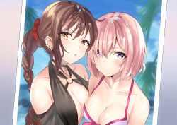 Rule 34 | 2girls, absurdres, bare shoulders, beach, black one-piece swimsuit, blue sky, blurry, blurry background, blush, braid, breasts, brown hair, choker, cleavage, closed mouth, criss-cross halter, day, earrings, fate/grand order, fate (series), hair between eyes, hair over one eye, halterneck, heroic spirit festival outfit, highres, jewelry, large breasts, light purple hair, long hair, looking at viewer, mash kyrielight, mash kyrielight (swimsuit of perpetual summer), multiple earrings, multiple girls, o-ring, official alternate costume, one-piece swimsuit, open mouth, photo (object), purple eyes, short hair, single braid, sky, smile, swimsuit, very long hair, white one-piece swimsuit, yellow eyes, yu mei-ren (fate), yu mei-ren (festival outfit) (fate), yufou