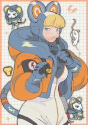 Rule 34 | 1girl, animal ears, animification, apex legends, ash (titanfall 2), blonde hair, blue eyes, blue gloves, blue headwear, bodysuit, breasts, burn scar, cheese, chibi, chibi inset, commentary, earmuffs, facial scar, finger to mouth, food, freckles, gloves, grid background, highres, hood, hood down, hooded bodysuit, hooded jacket, jacket, kagaya (oshiriudon), kemonomimi mode, large breasts, mouse (animal), mouse ears, mouse tail, orange jacket, scar, scar on cheek, scar on face, short hair, shushing, solo focus, symbol-only commentary, tail, titanfall (series), titanfall 2, wattson (apex legends), white bodysuit