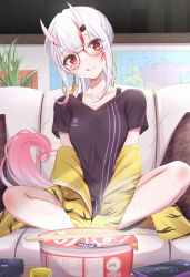 Rule 34 | 1girl, :q, black shirt, blush, bra strap, cellphone, chopsticks, clothes down, commentary request, couch, cup ramen, full body, glasses, gradient hair, head tilt, highres, hololive, horns, inaka 44, indoors, instant udon, jacket, looking at viewer, map, maruchan akai kitsune udon, multicolored hair, nakiri ayame, oni, phone, red eyes, red hair, semi-rimless eyewear, shirt, sitting, skin-covered horns, smartphone, solo, streaked hair, table, tongue, tongue out, virtual youtuber, white hair, yellow jacket