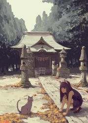 Rule 34 | 1girl, :3, absurdres, animal ears, autumn leaves, bare arms, bare shoulders, black eyes, black footwear, black hair, blue dress, blunt bangs, cat, cat ears, cat tail, closed mouth, commentary request, day, dress, fake animal ears, gate, hairband, highres, leaf, long hair, looking at viewer, looking to the side, original, outdoors, path, road, scenery, shoes, shrine, sketch, smile, solo, squatting, statue, tail, zennosuke