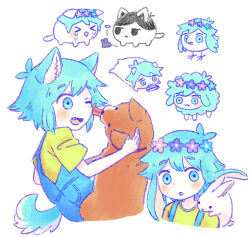 1boy animal_ears animalization basil_(headspace)_(omori) basil_(omori) bird black_eyes black_hair blue_overalls cat colored_skin dog dog_boy dog_ears dog_tail fang flower green_eyes green_hair green_shirt head_wreath kemonomimi_mode licking male_focus mouse_(animal) omori omori_(omori) one_eye_closed overalls rabbit sheep shirt short_hair short_sleeves simple_background sun_iiinu t-shirt tail teeth upper_teeth_only white_background white_skin