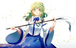 Rule 34 | 1girl, :3, blue skirt, cake mogo, closed mouth, collared shirt, commentary, cowboy shot, curly hair, detached sleeves, english commentary, frog, frog hair ornament, gohei, green eyes, green hair, hair ornament, highres, holding, holding stick, kochiya sanae, long hair, long skirt, long sleeves, looking at viewer, nontraditional miko, shirt, simple background, skirt, sleeveless, sleeveless shirt, snake, snake hair ornament, solo, stick, touhou, white background, white shirt, wide sleeves