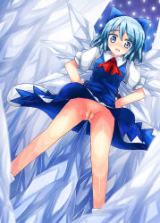 Rule 34 | 1girl, 90i, bad id, bad pixiv id, blue eyes, blue hair, blush, bow, cirno, dress, dutch angle, female focus, from below, hair bow, hands on own hips, highres, ice, ice wings, matching hair/eyes, no panties, pussy, short hair, solo, spikes, touhou, uncensored, wings