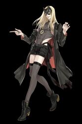 Rule 34 | 1boy, abs, absurdres, alternate costume, black background, black jacket, black nails, black shorts, black thighhighs, blonde hair, blue eyes, denim, denim shorts, fate/grand order, fate (series), full body, high heels, highres, jacket, long hair, long sleeves, looking at viewer, male focus, mask, masquerade mask, medallion, off shoulder, open clothes, open jacket, pectorals, shorts, simple background, single off shoulder, sleeveless, solo, tezcatlipoca (fate), thighhighs, waist cutout, washblackmud