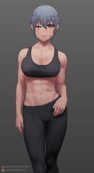 Rule 34 | 1girl, abs, bad id, bad pixiv id, bare shoulders, biceps, black pants, black sports bra, blush, breasts, cleavage, closed mouth, collarbone, commentary request, contrapposto, cowboy shot, fanbox username, grey background, grey eyes, grey hair, groin, hair between eyes, highres, ima made ichido mo onna atsukaisareta koto ga nai jokishi wo onna atsukai suru, leo cornelia, looking at viewer, medium breasts, midriff, muscular, muscular female, navel, one-eyed, pants, partial commentary, patreon username, putcher, scar, scar across eye, scar on arm, scar on face, scar on neck, scar on stomach, short hair, sidelocks, simple background, smile, solo, sports bra, standing, tight clothes, tight pants, watermark, web address