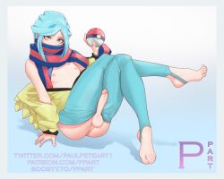 1boy aqua_pants arm_support artist_name blue_hair blue_scarf border clothes_pull commentary creatures_(company) crossed_legs feet full_body game_freak grusha_(pokemon) head_tilt holding holding_poke_ball jacket leaning_back male_focus nintendo nipples off_shoulder pants pants_pull penis poke_ball poke_ball_(basic) pokemon pokemon_sv ppart scarf scarf_over_mouth solo stirrup_legwear striped_clothes striped_scarf testicles toeless_legwear toes uncensored watermark web_address white_border yellow_jacket