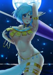 Rule 34 | 1girl, alternate breast size, alternate costume, alternate hairstyle, areola slip, arm up, armlet, armpits, belly, blue eyes, blue hair, blush, bouncing breasts, bracelet, breasts, cleavage, closed umbrella, cowboy shot, dancer, dancing, detached collar, forehead jewel, full moon, gradient hair, harem outfit, hatchet, heterochromia, highres, hitotsuki nebura, jewelry, large breasts, looking at viewer, matching hair/eyes, moon, multicolored hair, navel, night, night sky, no bra, nose blush, oil-paper umbrella, pelvic curtain, ponytail, purple hair, red eyes, revealing clothes, sarong, see-through, short hair, sky, solo, sparkle, star (sky), starry sky, sweat, tatara kogasa, thighlet, tongue, tongue out, touhou, two-tone hair, umbrella, underboob