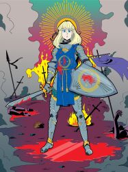 Rule 34 | 1girl, :&lt;, armor, battlefield, blonde hair, blood, blood on clothes, bloody weapon, blue eyes, blue tabard, closed mouth, coat of arms, drawfag, fire, full armor, full body, gauntlets, halo, highres, holding, holding shield, holding sword, holding weapon, knight, looking at viewer, original, plate armor, sabaton, serious, shield, smoke, solo, standing, sword, tabard, weapon, yellow halo