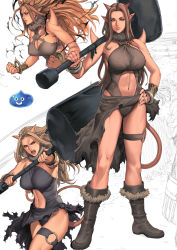 Rule 34 | 1girl, anger vein, boots, breasts, brown hair, covered erect nipples, dragon quest, dragon quest x, hammer, highres, horns, huge weapon, jewelry, large breasts, long hair, monster girl, navel, o-ring, o-ring top, oda non, ogre (dq10), pointy ears, red eyes, sketch, sledgehammer, slime (creature), slime (dragon quest), spikes, tail, thighs, weapon, white hair