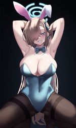 Rule 34 | 1girl, animal ears, armpits, arms behind head, arms up, asuna (blue archive), asuna (bunny) (blue archive), black background, black pantyhose, blue archive, blue bow, blue bowtie, blue eyes, blue leotard, blush, bow, bowtie, breasts, brown hair, cleavage, commentary request, covered navel, detached collar, hair over one eye, halo, hands in hair, highres, large breasts, leotard, masaki nanaya, mole, mole on breast, one eye covered, pantyhose, parted lips, playboy bunny, rabbit ears, smile, solo, thighband pantyhose