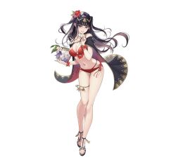 Rule 34 | 1girl, bikini, black hair, blush, breasts, cape, cleavage, fire emblem, fire emblem awakening, fire emblem heroes, full body, long hair, looking at viewer, medium breasts, navel, nintendo, non-web source, official alternate costume, official art, simple background, smile, solo, swimsuit, tharja (fire emblem), tiara, two side up, white background