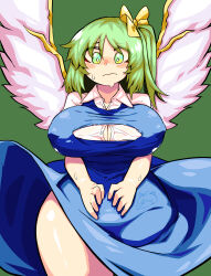 Rule 34 | 1girl, absurdres, blue dress, blush, bow, breasts, button gap, closed mouth, collared shirt, commentary request, covered erect nipples, cowboy shot, daiyousei, dress, fairy wings, green background, green eyes, green hair, hair bow, highres, kurodani yamame, large breasts, long hair, looking at viewer, nose blush, one side up, pinafore dress, rinyamame, shiny skin, shirt, simple background, sleeveless dress, solo, sweat, touhou, white shirt, wings, yellow bow