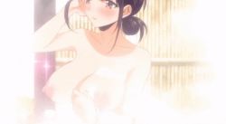 Rule 34 | 1girl, animated, animated gif, blush, bouncing breasts, breasts, brown eyes, brown hair, collarbone, girls rush, groin, kurahashi tokiko, large breasts, looking to the side, nipples, nude, sitting, soap bubbles, solo, steam, towel, towel on arm
