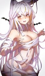 Rule 34 | 1girl, animal ear fluff, animal ears, bandages, bare shoulders, bat (animal), breasts, collarbone, copyright request, cowboy shot, gradient background, hands up, highres, itaco, large breasts, long hair, looking at viewer, messy hair, midriff, naked bandage, navel, open mouth, sidelocks, solo, standing, sweatdrop, thighs, very long hair, white background