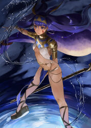Rule 34 | 1girl, absurdres, animal ears, breasts, closed mouth, commentary, dark-skinned female, dark skin, earrings, egyptian clothes, facepaint, fate/grand order, fate (series), floating hair, hairband, highres, holding, holding staff, holding weapon, hoop earrings, hydrokinesis, jackal ears, jewelry, long hair, looking away, navel, nitocris (fate), pelvic curtain, purple eyes, purple hair, small breasts, solo, staff, stomach, usekh collar, water, weapon, zuraa (naunau seijin)