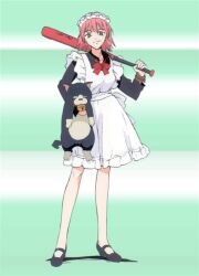 Rule 34 | 1girl, animal, animal collar, animal ears, apron, baseball bat, bell, black collar, black footwear, black shirt, black sleeves, blue cat, bracelet, cat, cat ears, cat nose, cat tail, collar, collarbone, collared shirt, flcl, frilled apron, frills, gradient background, haruhara haruko, holding, holding animal, holding baseball bat, holding cat, jewelry, long sleeves, maid, maid headdress, mary janes, miyu miyu, neck, neck bell, neck ribbon, no socks, non-web source, official art, parted lips, pink hair, red collar, red ribbon, ribbon, shirt, shoes, short hair, short tail, slit pupils, standing, tail, testicles, two-tone background, two-tone fur, white apron, yellow eyes