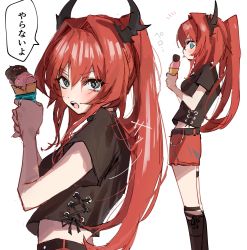 Rule 34 | 1girl, aqua eyes, arknights, belt, black belt, black shirt, commentary, demon horns, food, hair intakes, highres, holding, holding food, horns, ice cream, ice cream cone, long hair, midriff peek, na tarapisu153, official alternate costume, open mouth, ponytail, red hair, red skirt, shirt, skirt, surtr (arknights), surtr (liberte echec) (arknights), tongue, tongue out, translation request