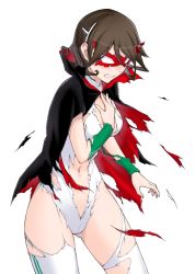 Rule 34 | 1girl, arm warmers, breasts, brown hair, caladrius, cape, center opening, cleavage, covering privates, covering breasts, domino mask, layis naje, mask, navel, official art, short hair, simple background, skin tight, solo, thighs, torn cape, torn clothes, yasuda suzuhito