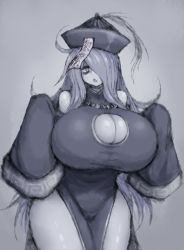 Rule 34 | 1girl, 2b-ge, bead necklace, beads, breasts, cleavage, cleavage cutout, clothing cutout, commentary, grey background, greyscale, hair over one eye, hat, highres, huge breasts, jewelry, jiangshi, jiangshi costume, long hair, long sleeves, mei (2b-ge), monochrome, necklace, ofuda, original, qingdai guanmao, standing, thigh gap