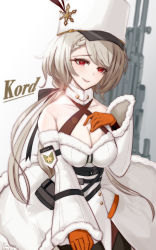 Rule 34 | 1girl, absurdres, braid, breast hold, breasts, character name, cleavage, closed mouth, coat, fur hat, girls&#039; frontline, gloves, gun, hair ribbon, hat, heavy machine gun, highres, kord (girls&#039; frontline), kord 6p50, kord macine gun, lips, long hair, looking at viewer, machine gun, medium breasts, orange gloves, papakha, platinum blonde hair, priest77, red eyes, ribbon, smile, solo, weapon, white background, white coat, white hat, winter clothes, winter coat