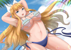 Rule 34 | 1girl, armpits, arms behind head, artist name, bikini, blonde hair, blue eyes, breasts, charlotte (fire emblem), cleavage, fire emblem, fire emblem fates, hair ribbon, large breasts, legs, looking at viewer, navel, nintendo, open mouth, ribbon, smile, solo, swimsuit, thighs, underboob