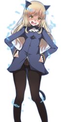Rule 34 | 1girl, 501st joint fighter wing, angry, animal ears, ascot, bad id, bad twitter id, black pantyhose, blonde hair, blue jacket, blush, cat ears, cat tail, commentary, electricity, frown, glasses, gusset, highres, jacket, long hair, long sleeves, looking at viewer, military, military uniform, momendoufu, no pants, open mouth, panties, panties under pantyhose, pantyhose, perrine h. clostermann, rimless eyewear, short hair, simple background, solo, standing, strike witches, tail, transparent background, underwear, uniform, v-shaped eyebrows, wavy mouth, white ascot, white background, world witches series, yellow eyes