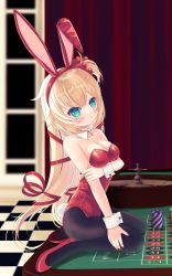 Rule 34 | 1girl, akai haato, animal ears, arms under breasts, black pantyhose, blonde hair, blue eyes, blush, breasts, casino, cleavage, collar, commentary, detached collar, fake animal ears, fake tail, hair ornament, hair ribbon, heart, heart hair ornament, high heels, highres, hololive, lacecats, large breasts, leotard, long hair, looking at viewer, nail polish, pantyhose, playboy bunny, poker chip, rabbit ears, rabbit tail, red footwear, red leotard, red nails, red ribbon, ribbon, tail, virtual youtuber, white collar, white wrist cuffs, wrist cuffs