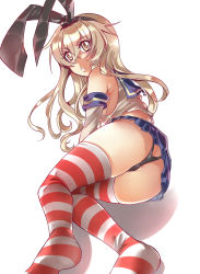 Rule 34 | 10s, 1girl, ass, blonde hair, butt crack, detached sleeves, elbow gloves, fury (pixiv 1772409), gloves, hairband, highres, kantai collection, long hair, looking at viewer, panties, pantyshot, shimakaze (kancolle), skirt, socks, solo, striped clothes, striped socks, thighhighs, underwear, upskirt, wedgie