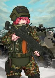 Rule 34 | 1girl, ak-74, amphibious vehicle, armored personnel carrier, armored vehicle, assault rifle, autocannon, bangdog, camouflage, cannon, commentary, cowboy shot, gun, helmet, highres, holding, holding weapon, kalashnikov rifle, looking at viewer, military, combat helmet, military uniform, military vehicle, open mouth, original, pink eyes, pink hair, rifle, shipunov 2a42, sky, soldier, solo, spetsnaz, standing, tree, uniform, weapon, winter