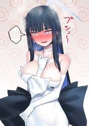 Rule 34 | 1girl, bare shoulders, black hair, blue archive, blue hair, blush, breasts, choker, earrings, elbow gloves, gloves, h kasei, halo, jewelry, large breasts, long hair, multicolored hair, purple eyes, saori (dress) (blue archive), solo, spoken blush, two-tone hair, white gloves