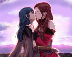 Rule 34 | 2girls, aged up, arm guards, arms around waist, blush, brown hair, byleth (female) (fire emblem), byleth (fire emblem), closed eyes, cloud, dorothea arnault, dress, earrings, fervent idiot, fire emblem, fire emblem: three houses, highres, jewelry, kiss, light blush, long hair, looking at another, mountainous horizon, multiple girls, nintendo, ornate ring, ring, sunlight, sunrise, upper body, wedding ring, wife and wife, yuri