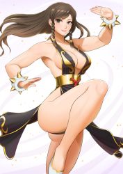 Rule 34 | 1girl, alternate hairstyle, bare legs, bare shoulders, bracelet, braid, breasts, brown eyes, brown hair, capcom, chun-li, cleavage, curvy, dress, female focus, fighting stance, highres, jewelry, large breasts, long hair, looking at viewer, official alternate costume, shigenobu, shiny skin, sideboob, smile, solo, spiked bracelet, spikes, street fighter, street fighter v, wide hips