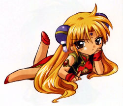 Rule 34 | 00s, 1girl, bare legs, blonde hair, bracelet, brown eyes, chibi, cleavage cutout, clothing cutout, dress, facial mark, forehead mark, galaxy angel, gloves, hair ornament, hairclip, index finger raised, jewelry, leg lift, long hair, looking at viewer, lying, on stomach, ranpha franboise, red footwear, shoes, side slit, simple background, solo, tagme, very long hair, white background