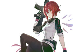 Rule 34 | 1girl, absurdres, aiming up, arknights, arm support, assault rifle, black gloves, black jacket, black pantyhose, black skirt, breasts, closed mouth, commentary, detached wings, energy wings, expressionless, exusiai (arknights), fanny pack, finger on trigger, fingerless gloves, from side, gloves, gun, hair between eyes, highres, holding, holding gun, holding weapon, jacket, knee up, looking at viewer, looking to the side, medium breasts, naoel (naoel art), pantyhose, red eyes, red hair, rifle, short hair, short sleeves, simple background, sitting, skirt, solo, turtleneck, weapon, white background, white jacket, wings