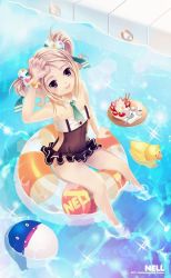 Rule 34 | 1boy, blonde hair, detached collar, dolfini, easy (easycrew), food, from above, fruit, hair bobbles, hair ornament, highres, ice cream, innertube, lee byung hee, male focus, nell (pangya), official art, one-piece swimsuit, pangya, purple eyes, sitting, smile, solo, strawberry, swim ring, swimsuit, trap, twintails, wading