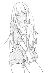 Rule 34 | 10s, 1girl, blush, bottomless, cardigan, cuffs, dress shirt, female pubic hair, greyscale, handcuffs, idolmaster, idolmaster cinderella girls, long hair, long sleeves, loose necktie, monochrome, necktie, off shoulder, open cardigan, open clothes, pubic hair, pussy juice, shibuya rin, shirt, sleeves pushed up, solo, tokiwa mmm, white background