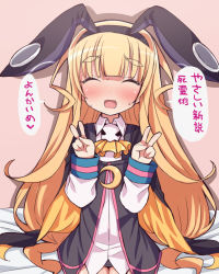 Rule 34 | 1girl, :d, animal ears, blonde hair, cape, closed eyes, crescent, double v, eyebrows, hairband, kounosu satori, long hair, open mouth, pic k, rabbit ears, simple background, smile, solo, translation request, v