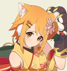 Rule 34 | 1girl, animal ears, blonde hair, cat ears, cat girl, cat tail, hiyori (princess connect!), japanese clothes, kimono, princess connect!, smile, tail, tissuebox (artist), yellow eyes