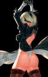 Rule 34 | 1girl, absurdres, ass, black dress, black hairband, blindfold, boots, covered eyes, dress, feather-trimmed sleeves, from behind, hairband, high heel boots, high heels, highleg, highleg leotard, highres, juliet sleeves, leotard, long sleeves, nier (series), nier:automata, puffy sleeves, short hair, silver hair, solo, white leotard, xiaoye eago, 2b (nier:automata)