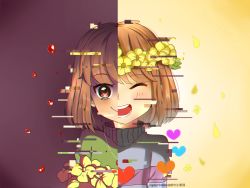 Rule 34 | 10s, 2016, :d, androgynous, artist name, blood, blush stickers, brown hair, c:, chara (undertale), chromatic aberration, closed eyes, flower wreath, frisk (undertale), gender request, glitch, heart, heart necklace, jewelry, kiyasuriin, necklace, open mouth, petals, red eyes, smile, split theme, spoilers, striped clothes, striped sweater, sweater, undertale, upper body, watermark