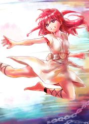 Rule 34 | ankle lace-up, barefoot, cross-laced footwear, dress, fighting stance, kicking, long hair, magi the labyrinth of magic, morgiana, red hair, solo, white dress