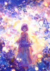 Rule 34 | 1girl, arms at sides, backlighting, blush, branch, capelet, colorful, fantasy, highres, leaf, light, light particles, original, purple eyes, purple hair, robe, sakimori (hououbds), short hair, smile, solo