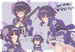 Rule 34 | 1girl, absurdres, blue archive, blush, closed eyes, floral print, flower, frilled kimono, frills, hair flower, hair ornament, hairband, halo, haruka (blue archive), haruka (new year) (blue archive), highres, japanese clothes, kimono, konntena, looking at viewer, looking back, medium hair, multiple views, own hands together, purple eyes, purple hair, purple hairband, purple kimono, shaded face, smile, sweatdrop, translation request, wavy mouth