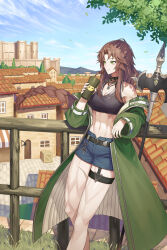 Rule 34 | 1girl, absurdres, against railing, axe, bare shoulders, battle axe, belt, black belt, black choker, black sports bra, blue shorts, blue sky, borrowed character, breasts, brown hair, building, castle, chain, chain necklace, choker, cleavage, closed mouth, cloud, coat, collarbone, commentary request, commission, cup, day, denim, denim shorts, floating hair, green coat, green eyes, highres, holding, holding axe, holding cup, house, jewelry, large breasts, long hair, long sleeves, low-braided long hair, low-tied long hair, midriff, mole, mole under eye, mountainous horizon, mytea (soso), navel, necklace, off shoulder, open clothes, open coat, original, outdoors, parted bangs, railing, road, scar, scar across eye, scar on leg, short shorts, shorts, sidelocks, skeb commission, sky, smile, solo, sports bra, standing, street, thigh strap, toned, town, tree, weapon, wooden railing