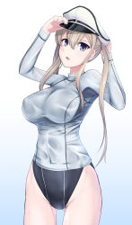 Rule 34 | 10s, 1girl, adjusting clothes, adjusting headwear, blonde hair, blue eyes, blue one-piece swimsuit, breasts, competition swimsuit, covered navel, cowboy shot, gluteal fold, gradient background, graf zeppelin (kancolle), hassen (8cm), hat, kantai collection, large breasts, long hair, one-piece swimsuit, open mouth, peaked cap, rash guard, simple background, solo, swimsuit, twintails