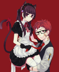 Rule 34 | animal ears, ao no exorcist, bandages, cat ears, couple, formal, glasses, headdress, kamiki izumo, maid, necktie, red ribbon, ribbon, shima renzou, short twintails, suit, thighhighs, twintails