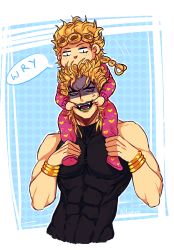 Rule 34 | 2boys, abs, aged down, anger vein, artist name, blonde hair, carrying, dio brando, fangs, father and son, giorno giovanna, green lips, heart, heart print, jojo no kimyou na bouken, lipstick, makeup, male focus, mouth pull, multiple boys, muscular, niitsumee, pajamas, polka dot, polka dot background, red eyes, shaded face, shoulder carry, signature, vento aureo, wrist cuffs, wryyyyyyyyyyyyyyyyyyyy