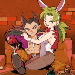Rule 34 | 1boy, 1girl, abs, alternate costume, alternate hairstyle, animal ears, black hair, black pantyhose, bottle, bow, bowtie, closed eyes, cocktail glass, couch, cup, detached collar, dragon quest, dragon quest builders 2, drinking glass, earrings, fake animal ears, female builder (dqb2), gloves, green hair, grin, hand on another&#039;s shoulder, hoop earrings, indoors, jewelry, leotard, long hair, muscular, open mouth, orange pants, pants, pantyhose, parted bangs, playboy bunny, pointy ears, ponytail, purple shirt, rabbit ears, red bow, red eyes, red gloves, serieru (summertosuika), shirt, shoes, sidoh (dqb2), sitting, sitting on lap, sitting on person, smile, smug, table, white leotard